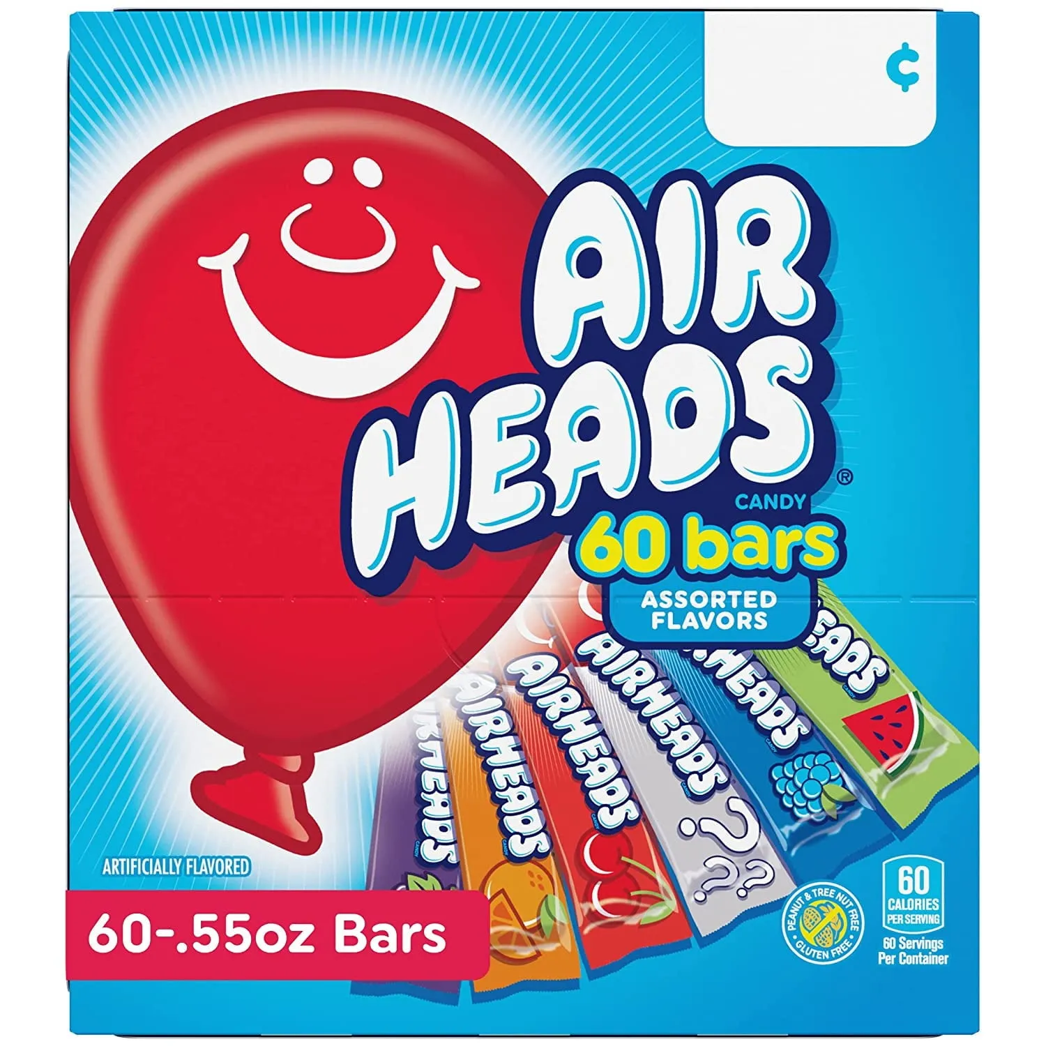 Airheads Chewy Candy Bars, Assorted Flavors, Peanut and Tree Nut Free, Regular Size, 33 oz, 60 Count