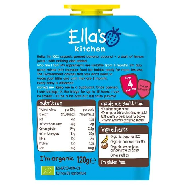 Ella's Kitchen Bananas   Coconuts Organic Puree 120g, 4m 