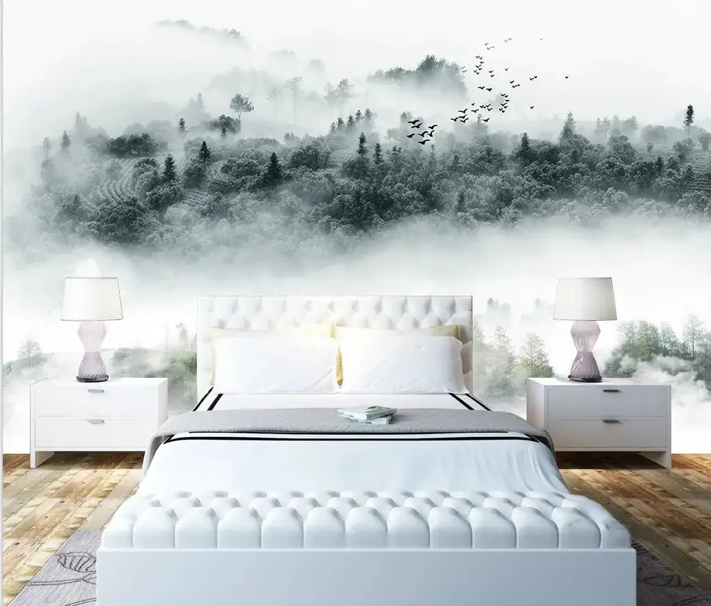 Misty Forest Landscape Wall Mural Big Format Printed Nordic Wallcovering Wallpaper For Modern Living Room Creative Home Office Wall Decor