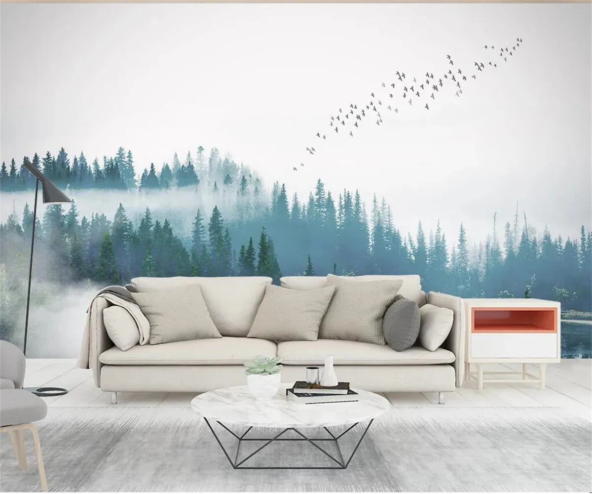 Misty Forest Landscape Wall Mural Big Format Printed Nordic Wallcovering Wallpaper For Modern Living Room Creative Home Office Wall Decor