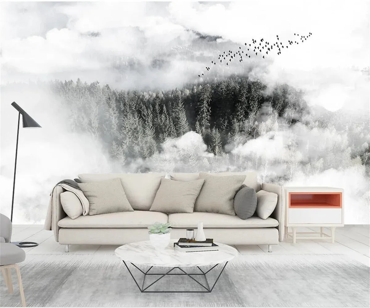 Misty Forest Landscape Wall Mural Big Format Printed Nordic Wallcovering Wallpaper For Modern Living Room Creative Home Office Wall Decor