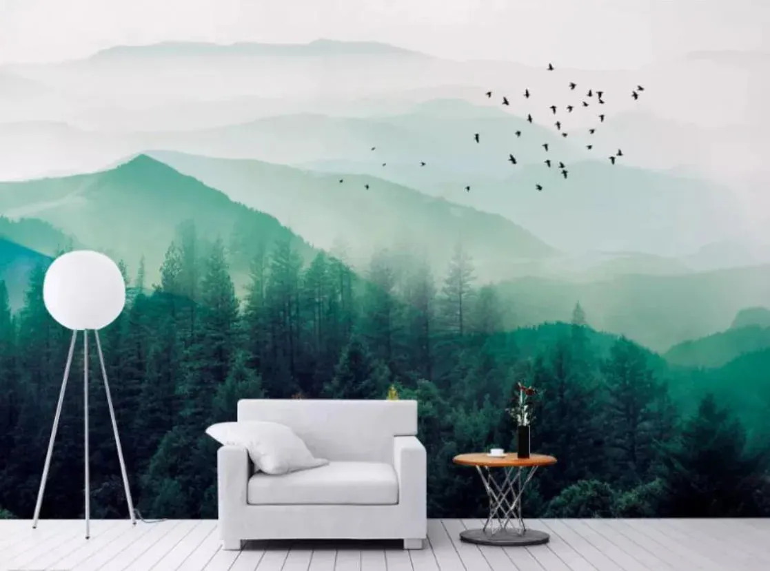 Misty Forest Landscape Wall Mural Big Format Printed Nordic Wallcovering Wallpaper For Modern Living Room Creative Home Office Wall Decor