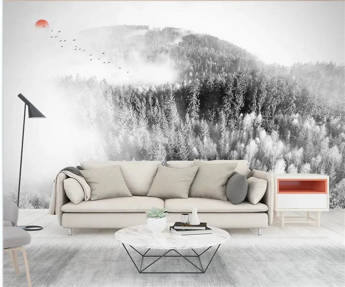 Misty Forest Landscape Wall Mural Big Format Printed Nordic Wallcovering Wallpaper For Modern Living Room Creative Home Office Wall Decor