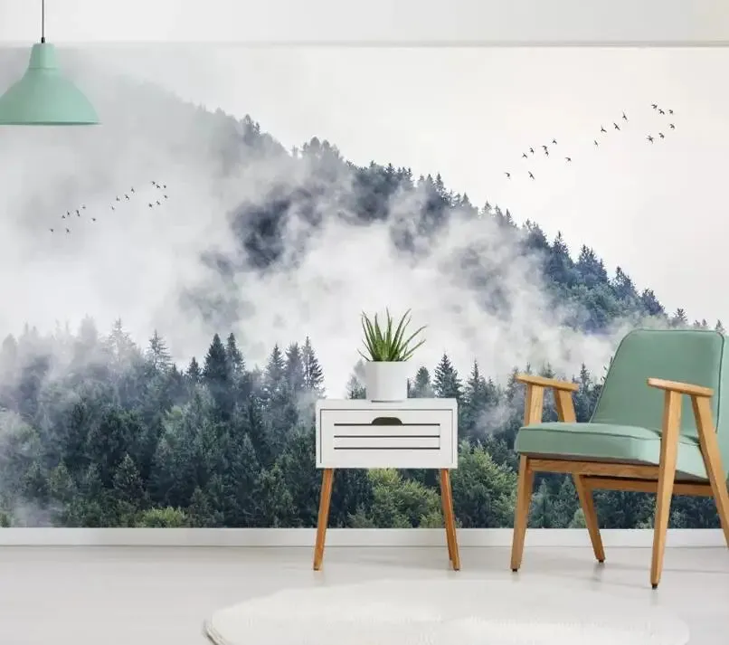 Misty Forest Landscape Wall Mural Big Format Printed Nordic Wallcovering Wallpaper For Modern Living Room Creative Home Office Wall Decor