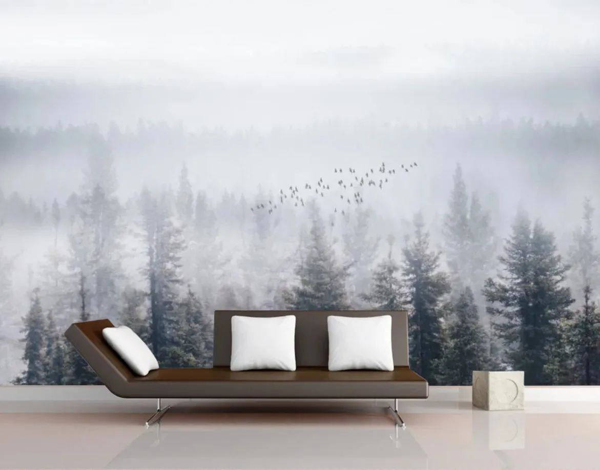 Misty Forest Landscape Wall Mural Big Format Printed Nordic Wallcovering Wallpaper For Modern Living Room Creative Home Office Wall Decor